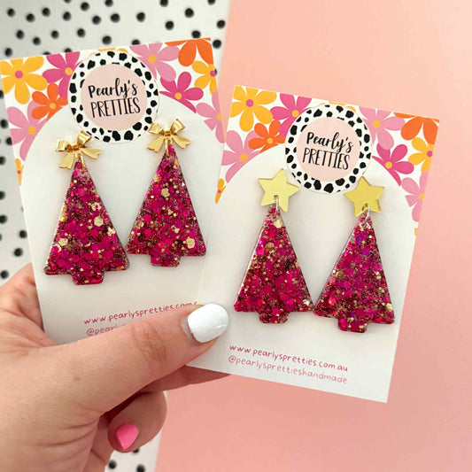 Magenta and gold Christmas tree dangle earrings- bow or star top