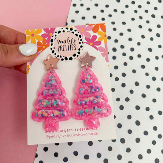 Bubble trees- Christmas tree dangle earrings- pink confetti